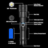 Powerful XHP70 Flashlight 5 ModesUSB Rechargeable Zoom Led Torch Lantern-TI00761-Veeddydropshipping